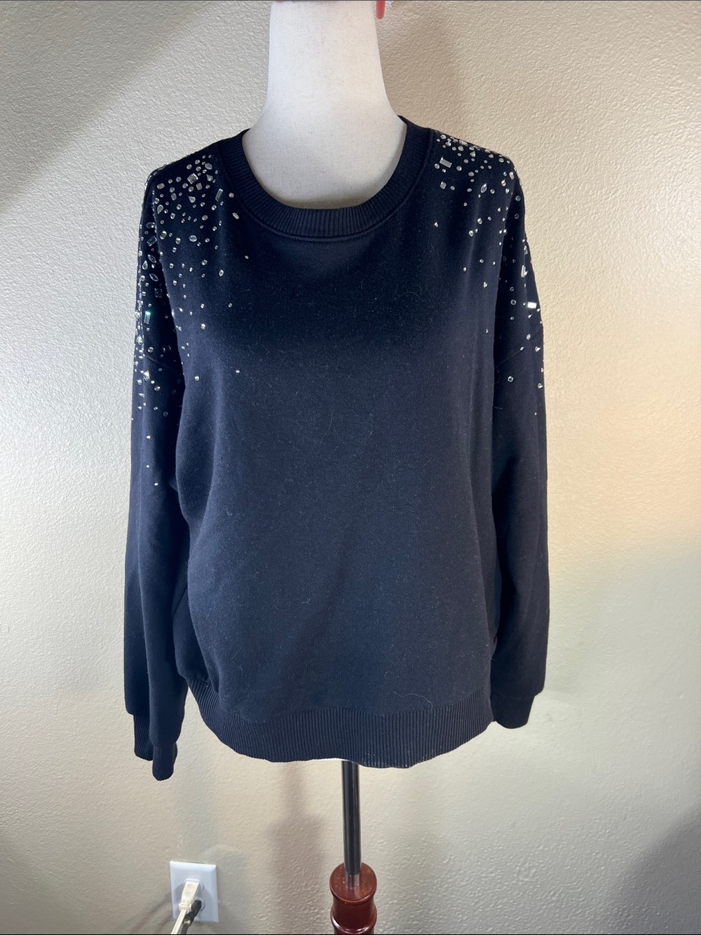 Truth Black Crewneck Sweater with Shoulder Rhinestones